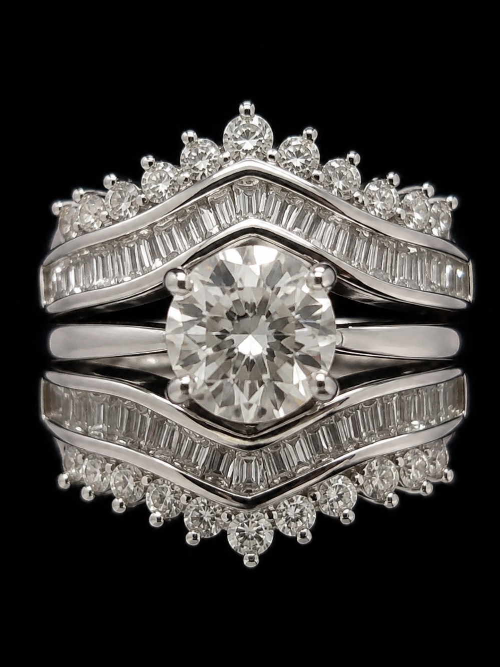 Classic White Gold Round Solitaire and Baguette Diamond Bridal Ring Set